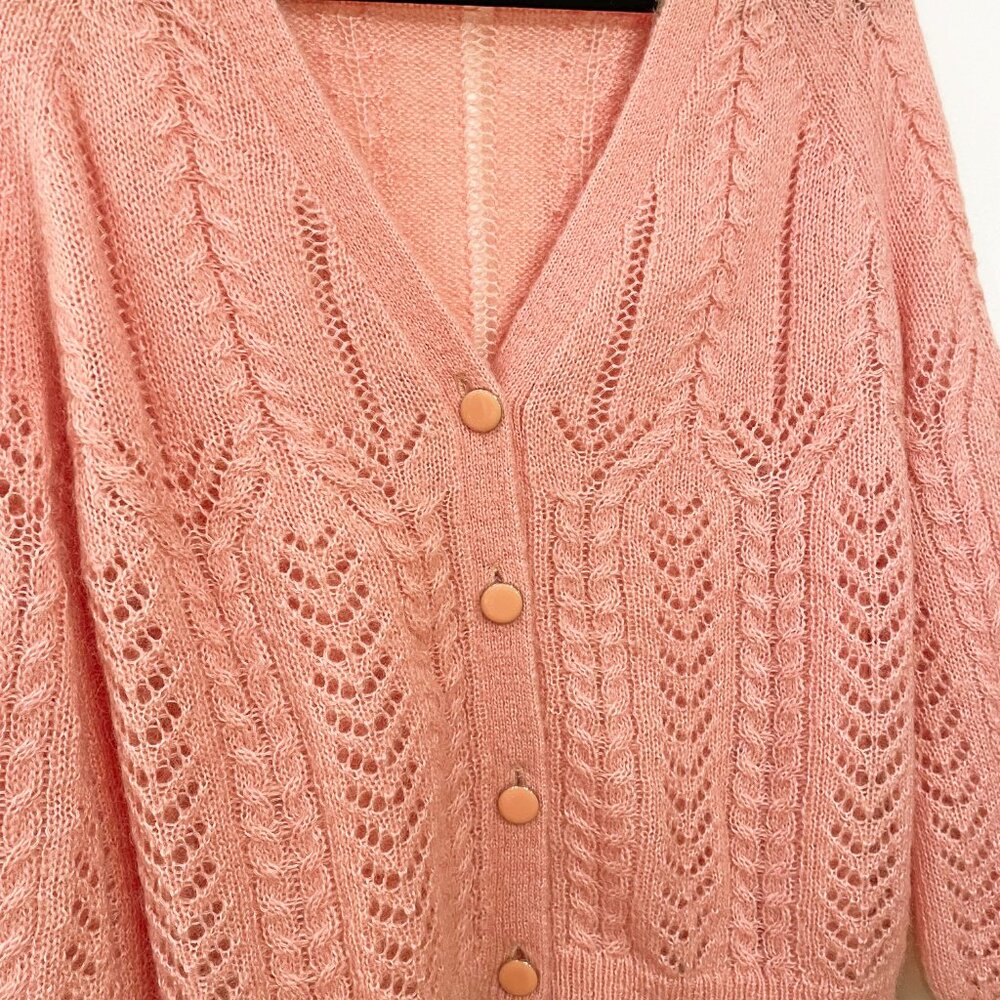 EUC Sezane Augustino Mohair Wool Fancy Knit Cardigan Peach Pink XS - Picture 4 of 8